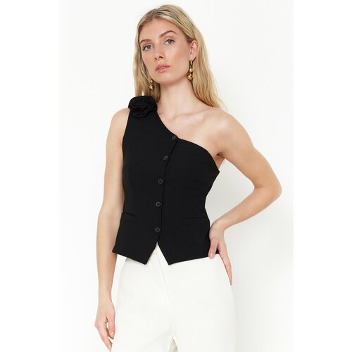 Trendyol black fitted fitted limited edition one shoulder rose detailed woven vest Cene
