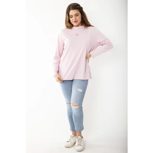 Şans Women's Plus Size Pink Cotton Fabric Crew Neck Stone Detailed Blouse