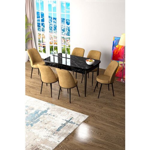 Hanah home zen - black marble, cappuccino black marblecappuccino extendable dining table & chairs set (7 pieces) Cene