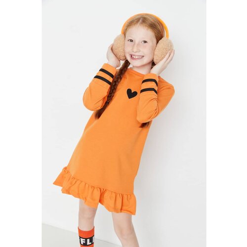 Trendyol Orange Stripe Detailed Embroidery Girl Knitted Dress Slike