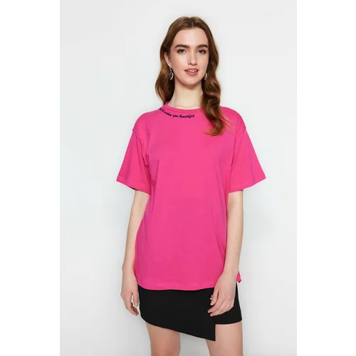 Trendyol Fuchsia 100% Cotton Collar with Embroidery Boyfriend Crew Neck Knitted T-Shirt