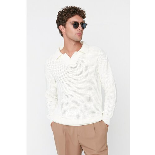 Trendyol Ecru Men's Oversize Fit Wide-Mould Polo Collar Pop Knitwear Sweater Slike