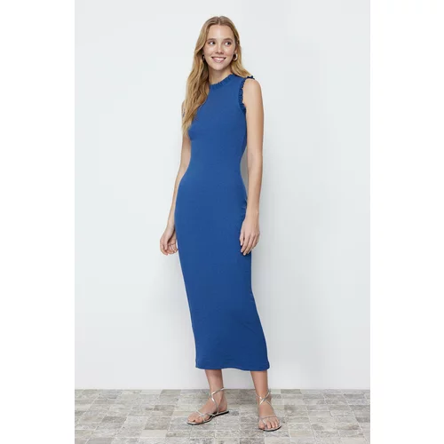 Trendyol Indigo Crew Neck Ruffle Detailed Fitted Ribbed Midi Smart Knitted Dress