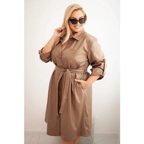 Kesi Plus Size women&amp;#039;s eco-leather dress with a belt and collar fango Slike