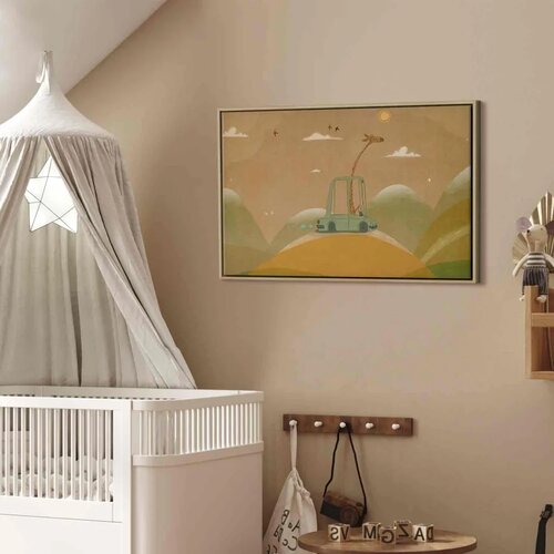  Slika - Dreamy Traveler - A Cheerful Giraffe Driving a Car on a Sunny Day 120x80 U prirodnom drvenom okviru Slike