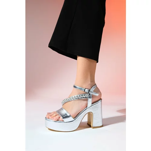 LuviShoes MİLTON Silver Skin Stone Women's Platform Heeled Evening Dress Shoes