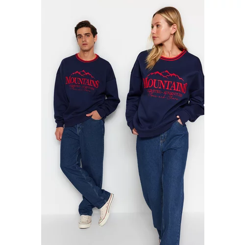 Trendyol Navy Blue Unisex Oversize/Wide-Fit Striped Collar With Embroidered Text, Fleece Inside Sweatshirt.