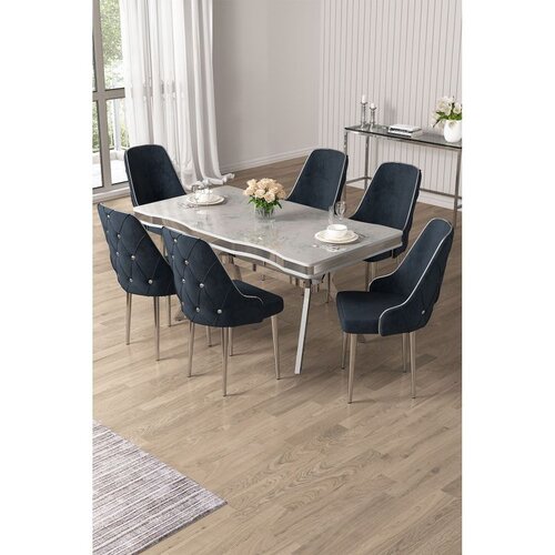 Hanah home trpezarijski set Vae, sto i 6 stolica, ploča u dekoru belog mermera, hromirane noge, antracit tkanina Babyface Cene