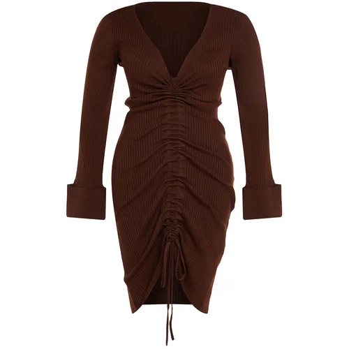 Trendyol Curve Brown Corded Knitwear Plus Size Dress