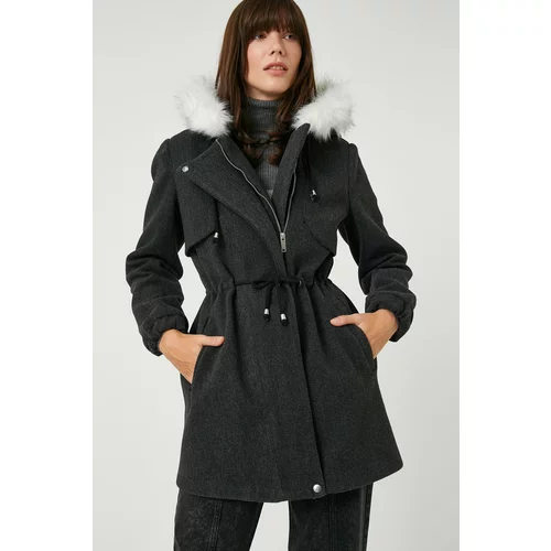 Koton Hooded Coat Plush Detailed With Tie Waist