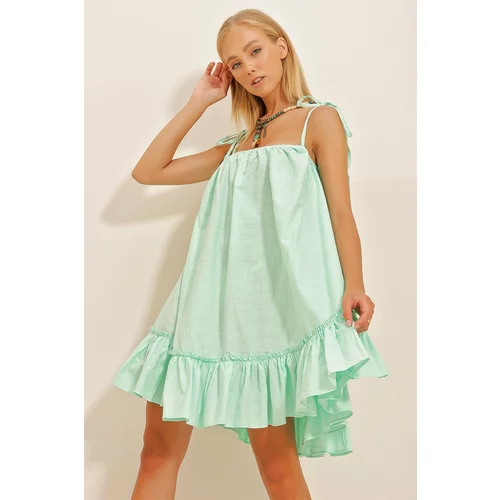 Trend Alaçatı Stili Women's Water Green Rope-Cut Skirt with Flounces Terry Cotton Linen Dress