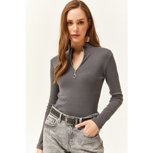 Olalook Women&amp;#039;s Anthracite Zipper Turtleneck Lycra Blouse Slike