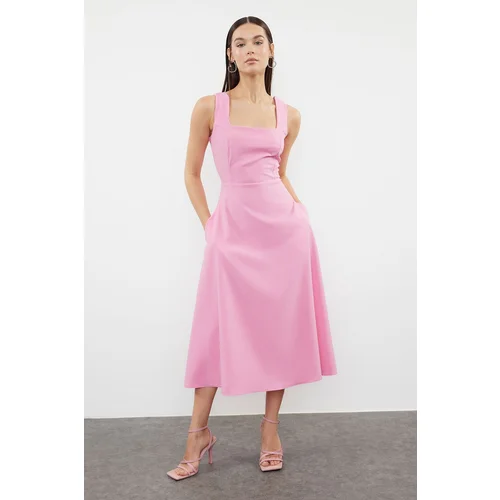 Trendyol Pink Skirt Opening at the Waist Square Collar Pocket Detailed Midi Woven Dress