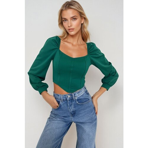 Trend Alaçatı Stili Women's Emerald Green Square Neck Stitch Detailed Princess Sleeve Blouse Cene