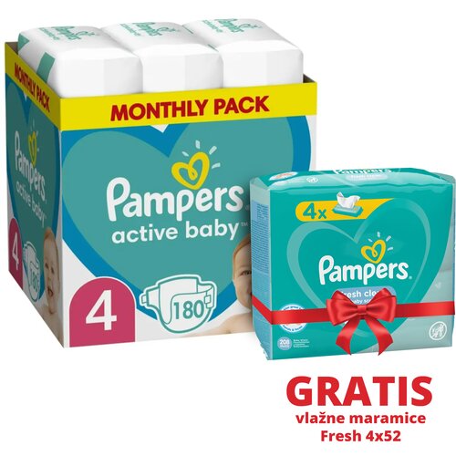 Pampers Pelene 4, Monthly, MSB 180/1+ Vlažne maramice Fresh 4x52 Slike