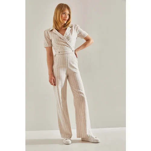 Bianco Lucci Women's Double Breasted Collar Button Detailed Bottom-Top Suit with Elastic Back Palazzo Trousers