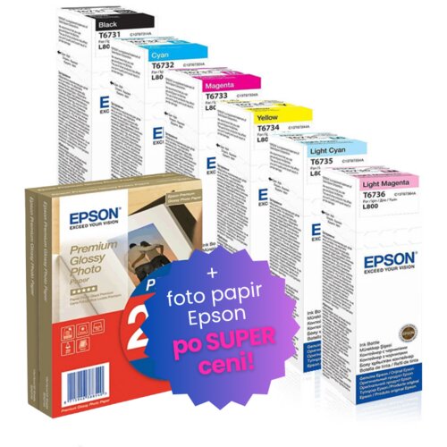 Epson Komplet črnil T673 (BK/C/M/Y/LC/LM), original + foto papir po SUPER ceni Cene