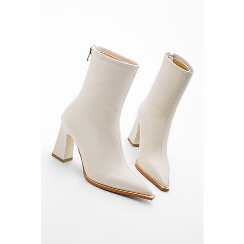 Marjin Women&amp;#039;s Heeled Boots Pointed Toe Zippered Back Thick Heels Kikas ecru. Slike
