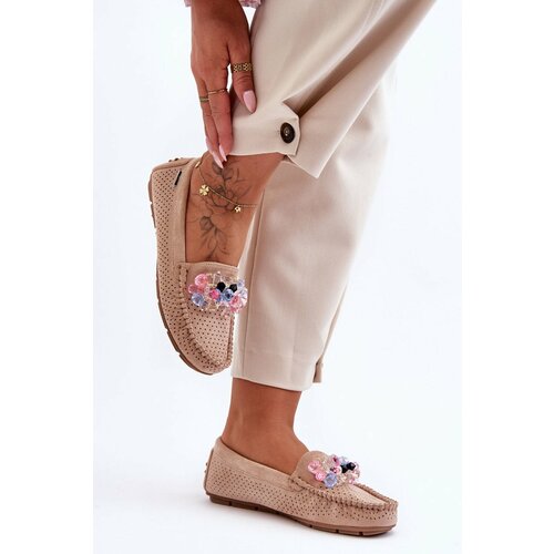 Kesi Fashionable suede loafers with decorations Beige Delima Slike