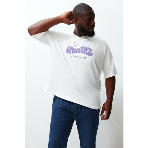 Trendyol plus size ecru unisex oversize comfortable 100% cotton printed couple t-shirt Slike