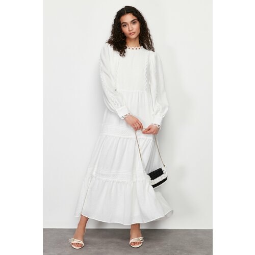Trendyol White Lined Embroidery Detailed Woven Dress Slike