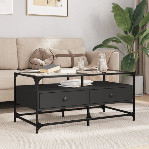  The Living Store Klubska mizica s stekleno povr&amp;scaron;ino črna 98,5x50x45 cm jeklo - Klubska Mizica, (21495926) Slike