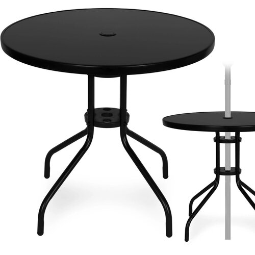 Multi Garden Okrugli vrtni stol 80 cm s kaljenim staklom i otvorom za suncobran, crni Cijene