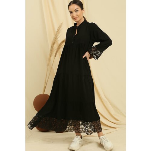 By Saygı Laced Oversize Viscose Dress with Half Button Front Sleeves and Hem Cene