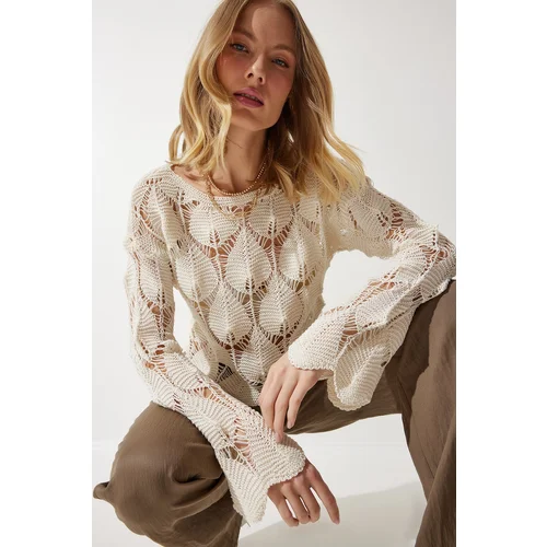  Women's Cream Openwork Crop Knitwear Blouse