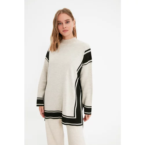 Trendyol Stone Striped Stand Up Collar Knitwear Sweater