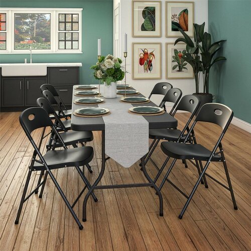 Komplet wood design crni plastični sklopivi sto sa metalnom konstrukcijom i 8 stolica Slike