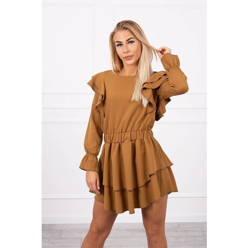 Kesi Dress with camel vertical ruffles Slike