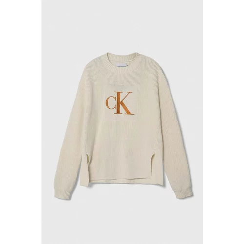Calvin Klein Jeans Otroški bombažen pulover bež barva