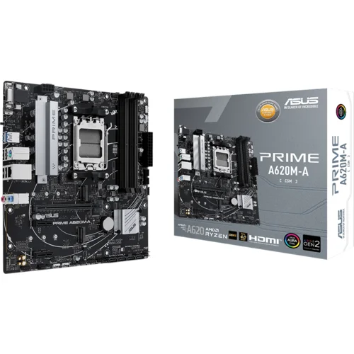 Asus PRIME A620M-A-CSM AM5 mATX MB – AMD A620 4xDIMM DDR5 2xM.2 4xSATA PCIe 4.0 1Gb Ethernet 1xD-SUB 1xDisplayPort 1xHDMI Aura Sync RGB Lighting