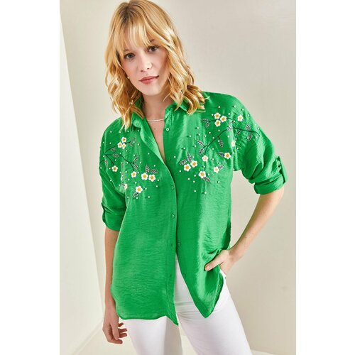 Bianco Lucci Women's Daisy Embroidered Sleeve Fold Ayrobin Linen Shirt Slike