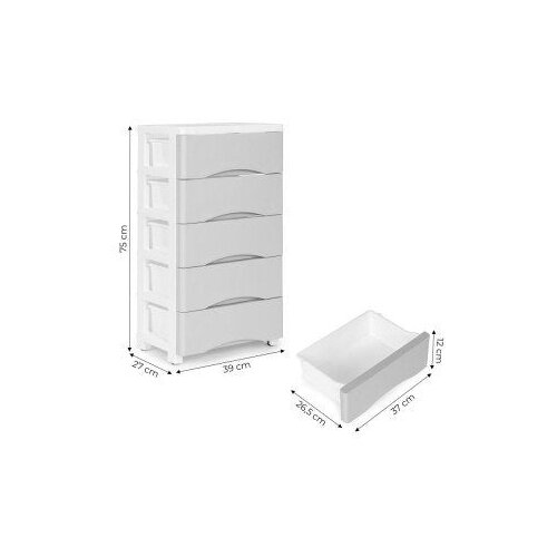 ModernHome PJJCBS0024-05A &amp;ndash; Plastična komoda s 5 ladica i kotačićima, 39 &amp;times; 27 &amp;times; 75 cm, bijelo-siva Slike