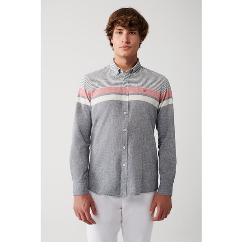 Avva Men's Navy Blue Cotton Linen Blended Buttoned Collar Striped Slim Fit Slim Fit Shirt Slike