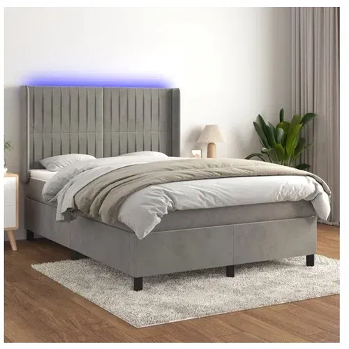  Box spring postelja z vzmetnico LED sv. siva 140x190 cm žamet