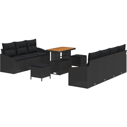 VidaXL 10-dijelni vrtni sofa set s jastučićima Crni Poli ratan Akacija, 2-sjedalna vrtna sofa s skladi&amp;scaron;tenjem i jastučićima Crni Poli ratan, 3-dijelni vrtni set za objedovanje s jastučićima Crni Poli ratan Akacija Slike