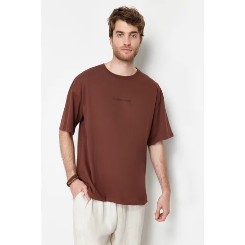 Trendyol Brown Men's Oversize Fluffy Flower Printed 100% Cotton T-Shirt