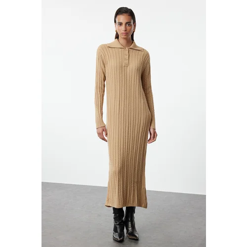 Trendyol Camel Hair Braided Polo Neck Knitwear Dress