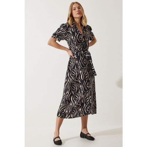  Women&amp;#039;s Black Beige Patterned Belted Summer Shirt Dress Slike