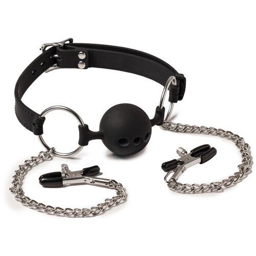 Rimba Latex Play Mouthgag with Ball and Nipple Clamps Black Slike