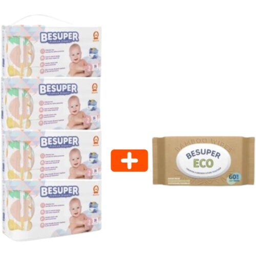 BeSuper Premium Pelene, Veličina 2 (3-8 kg), 4x36 komada + Vlažne maramice, 1x60 komada Slike