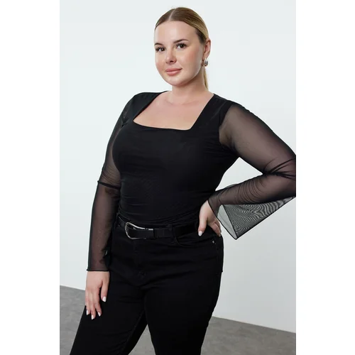 Trendyol Curve Black Tulle Knitted Plus Size Blouse