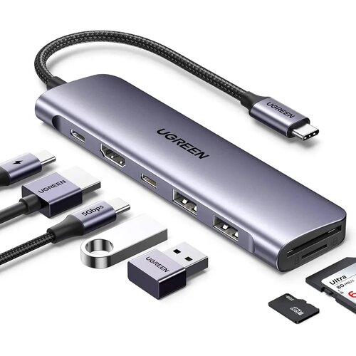 Ugreen Revodok USB-C Hub CM195, 7-u-1, HDMI 4K, SD/TF, Sivi Slike