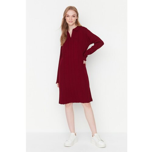 Trendyol Claret Red Ribbed Knitted Collar Detailed Knitwear Dress Slike
