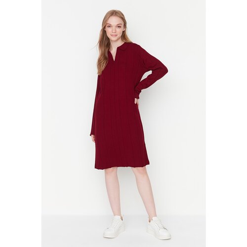 Trendyol Claret Red Ribbed Knitted Collar Detailed Knitwear Dress Slike