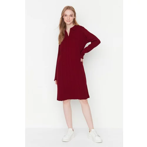 Trendyol Claret Red Ribbed Knitted Collar Detailed Knitwear Dress