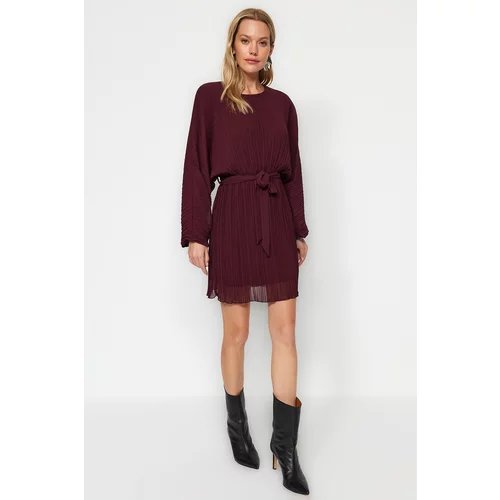 Trendyol Plum Belted Straight Fit Mini Pleated Dress With Woven Lined